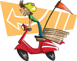 Illustration of a delivery driver on a scooter with packages strapped to the back
