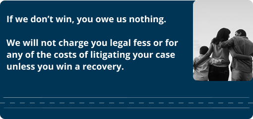Eaton Fire Lawsuit fee guarantee stating, "If we don’t win, you owe us nothing." Graphic assures clients that no legal fees will be charged unless the Eaton fire lawsuit team wins a recovery. The image includes a black-and-white photo of a family embracing.