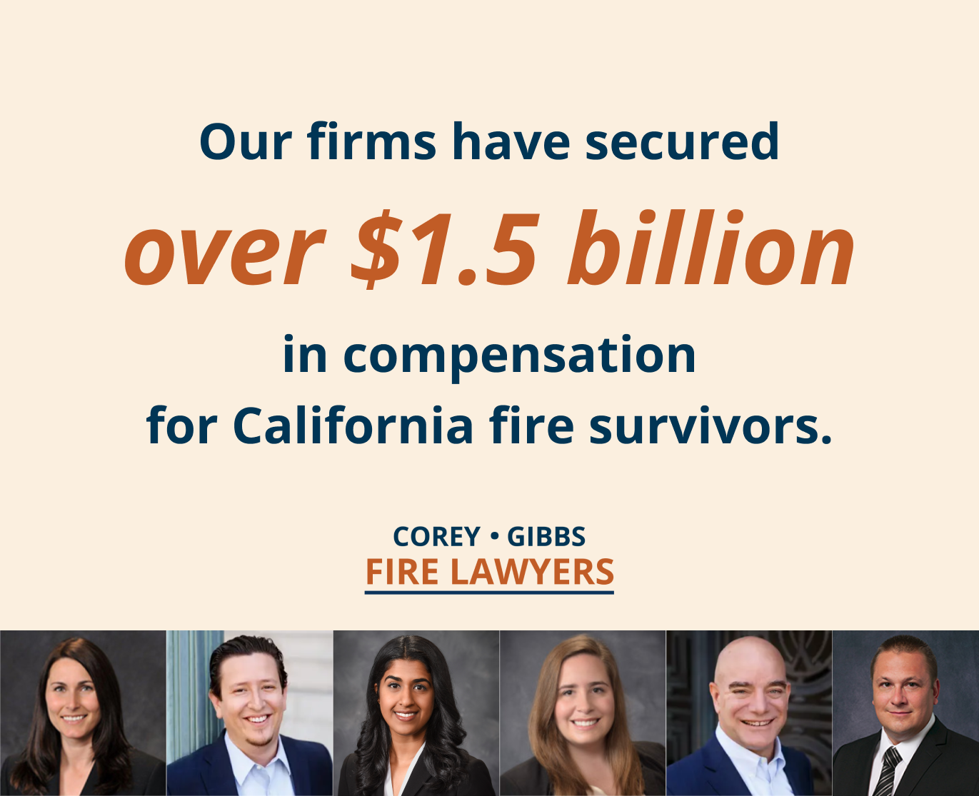 Graphic with our Cory Gibbs wildfire attorneys and text about how our firms have secured over $1.5 billion in compensation for CA fire survivors