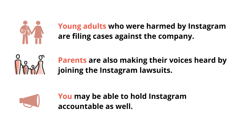 Infographic highlighting young adults and parents are holding Instagram accountable for the harm it has caused to individuals. 