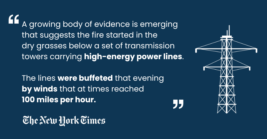  Infographic details a New York times quote of a potential cause for the Eaton fire. This is the basis for an SCE fire lawsuit.