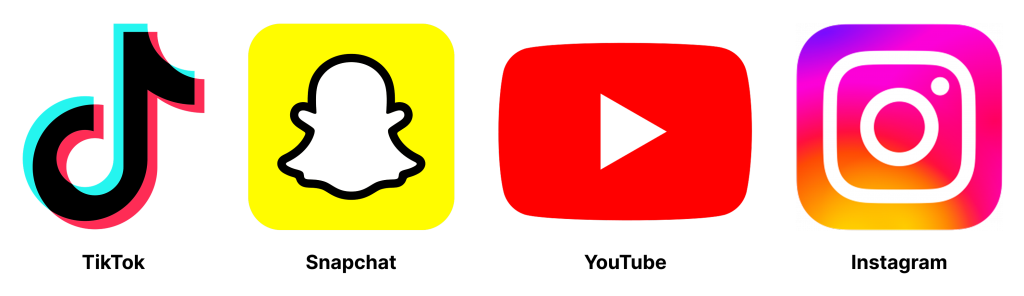 Social Media Addiction companies logo graphic. TikTok, Snapchat, YouTube, and Instagram.