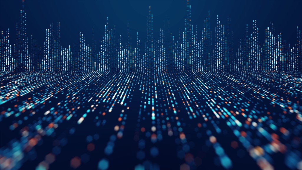 Visualization of data shown as neon colored light dots flowing into the distance and climbing up a wall