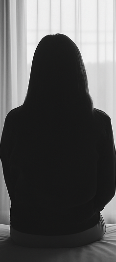 Silhouette of someone with long hair sitting on a bed looking at a window with curtains drawn